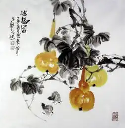 石云轩国画写意花鸟画四尺斗方鸿福图葫芦小鸡65
