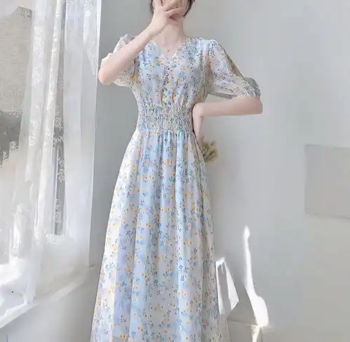可盐可甜温柔风长裙脚踝仙气超仙女森系v领雪纺碎花连衣裙春夏款