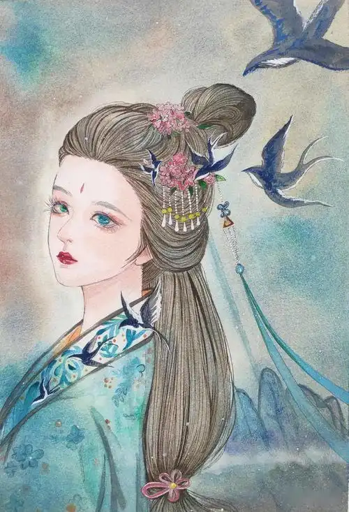 悦离水彩古风蓝色系长发美人图文超详细教程搞起来