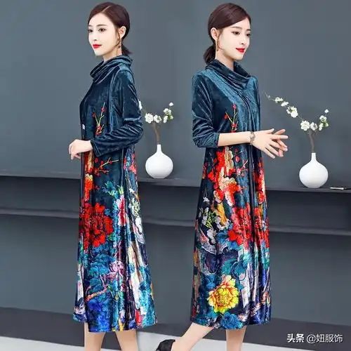 4050岁的妈妈,试试这几款民族风金丝绒连衣裙,复古高贵洋气