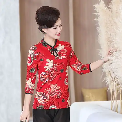 春秋装新款中老年女装长袖短款打底衫民族风4050岁洋气妈妈小衫