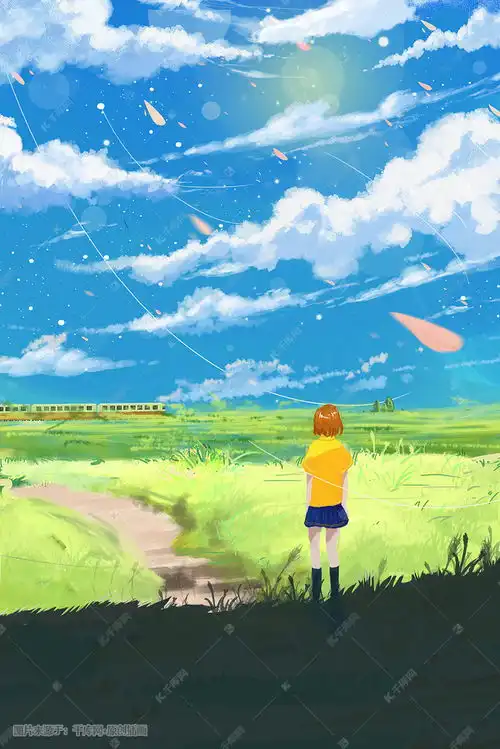 唯美治愈五月你好少女日系场景风景天空草地插画图片千库网