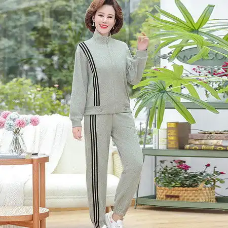 洋湖轩榭妈妈春装休闲套装宽松40岁50中老年女春秋大码运动套装洋气两件套a