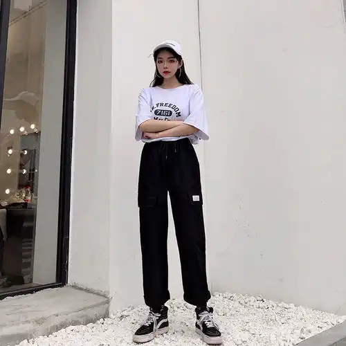 2020春夏阔腿裤宽松bf显瘦原宿长裤直筒裤情侣女学生hiphop工装裤