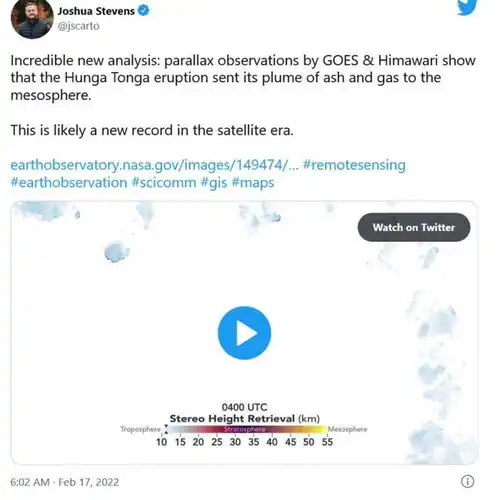 卫星图像显示了汤加火山烟羽上升的高度或为有史以来最高纪录