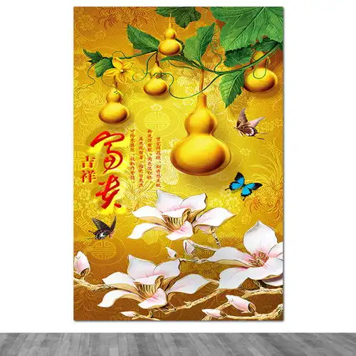 新中式入门玄关装饰画葫芦竖版风水过道壁纸走廊挂画富贵吉祥墙贴